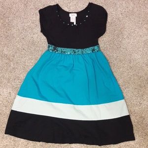 JUSTICE SEQUIN AQUA AND BLACK DRESS SIZE 8